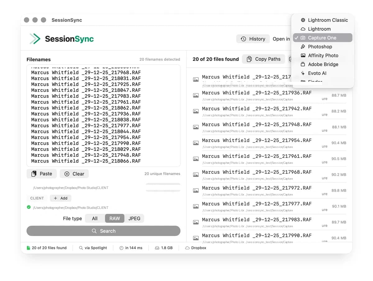 SessionSync app selector showing Lightroom Classic, Capture One, Photoshop and more