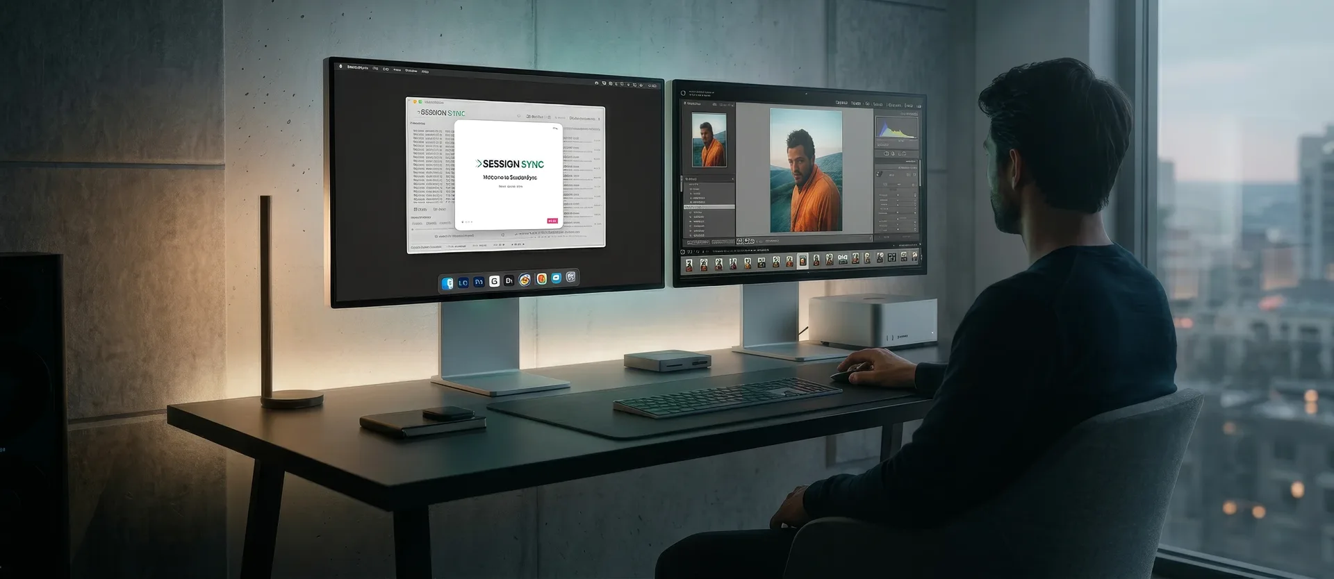 SessionSync running on a dual-monitor Mac Studio setup with Lightroom