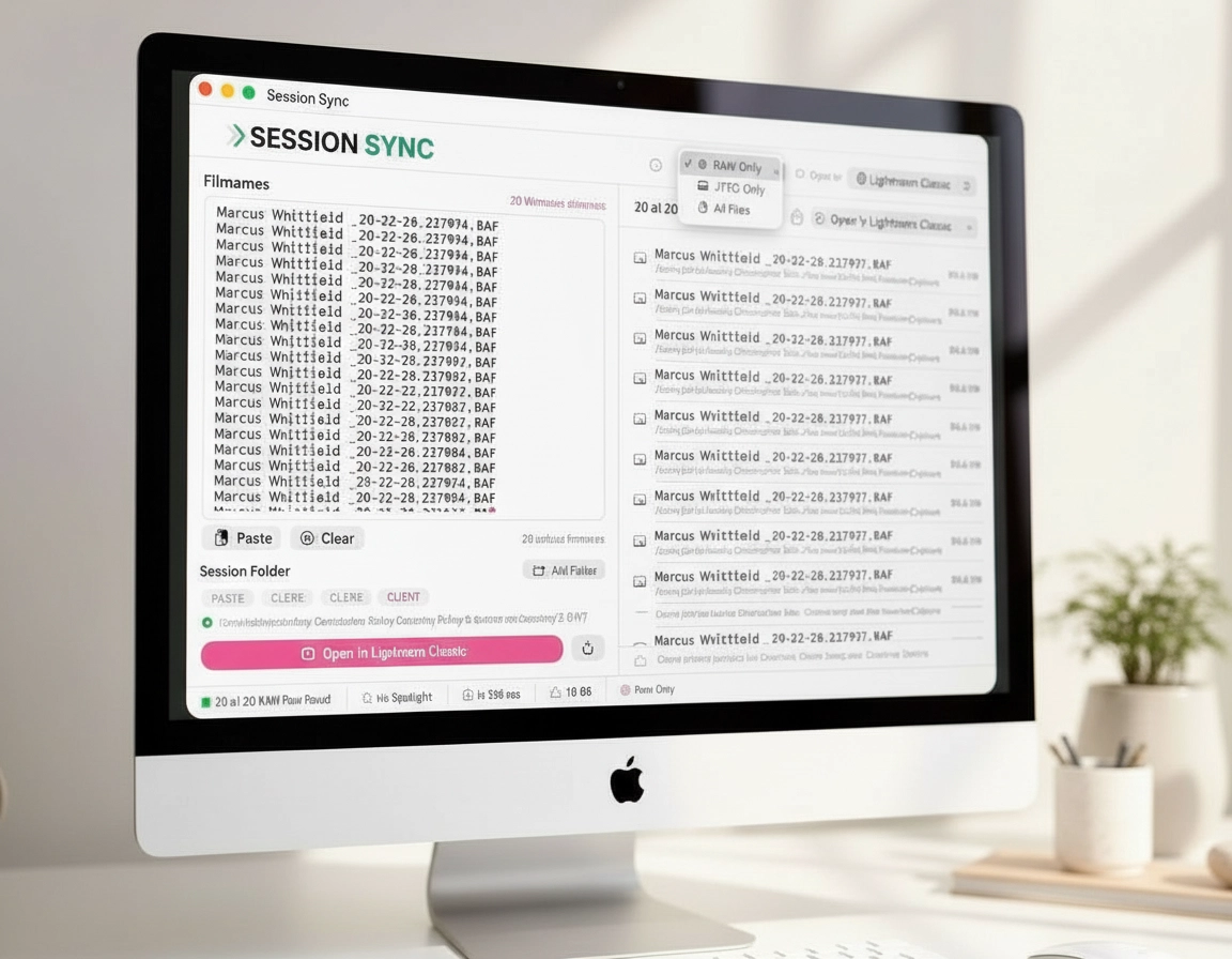 SessionSync running on a MacBook - finding 20 RAW files instantly